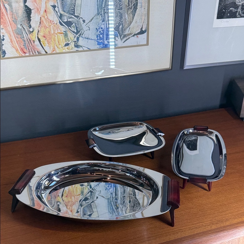 vintage "Gourmates" chrome serving trays set of 3 very nice Mcm